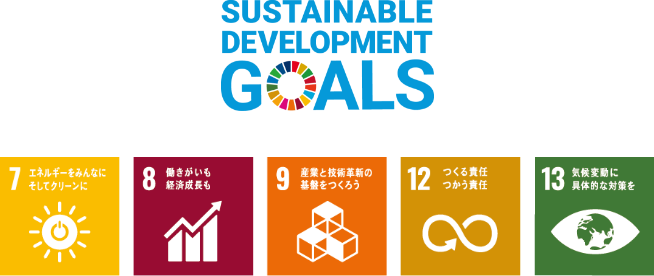 SUSTAINABLE DEVELOPMENT GOALS 7 エネルギーをみんなにそしてクリーンに 8 働きがいも経済成長も 9 産業と技術革新の基盤をつくろう 12 つくる責任つかう責任 13 気候変動に具体的な対策を